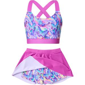 AIDEAONE Girls Swimsuit Two Piece Tankini Skirt Set with Boyshort Summer Beach Bathing Suit Size 6-14 (8-9 Years, C-pink Butterflies)