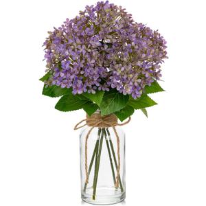 Artificial Hydrangea Flowers in Glass Vase with Faux Water, 13.8" Fake Purple Hydrangeas Arrangement Centerpiece for Home Caf Kitchen Bathroom Decoration