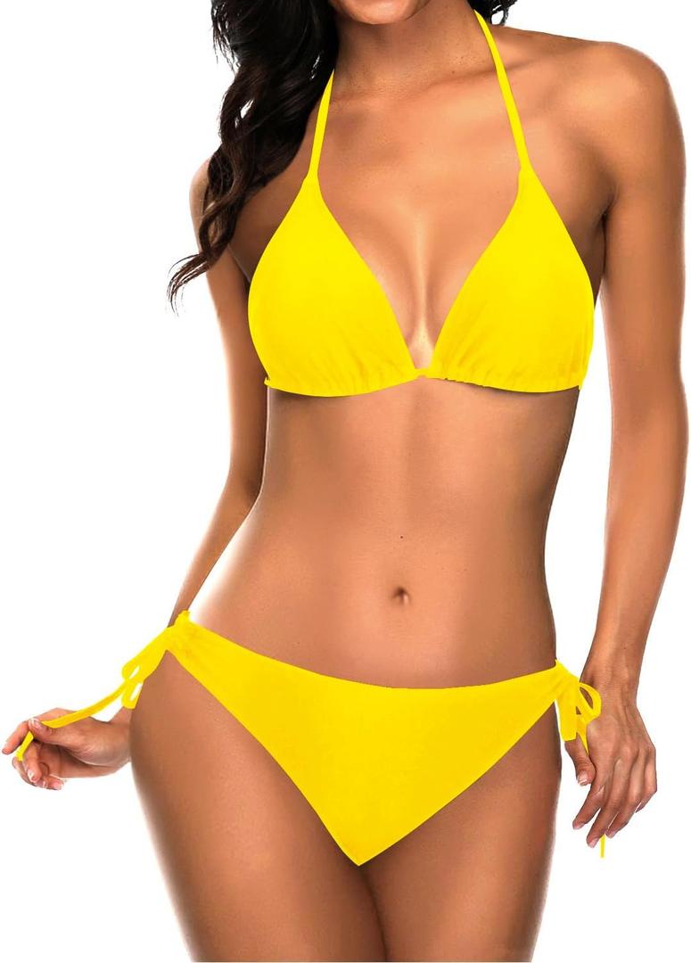 Tempt Me Women Triangle Bikini Sets Halter Two Piece Sexy Swimsuit String Tie Side Bathing Suit (Large, Deep Yellow)
