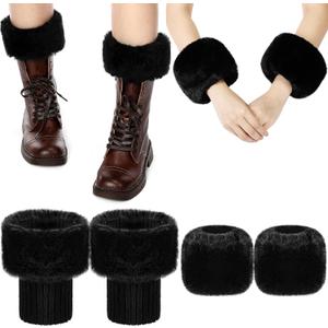 SATINIOR Women's Winter Faux Fur Fuzzy Wrist Cuffs Warmers and Boot Cuffs Knitting Fluffy Leg Warmers for Women Girls (Black)
