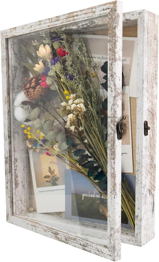GraduationMall 11x14 Wood Shadow Box Frame Glass Door Display Case with Linen Back and 6 Stick Pins,1.5 inches Interior Depth,Ideal for Memorabilia Pictures Flowers Medals Tickets Rustic White
