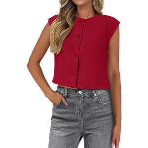 PRETTYGARDEN Women's Suit Vest Crop Tops Spring Summer Dressy Business Casual Work Office Clothes Trendy Blazer Waistcoat (Medium, Red)