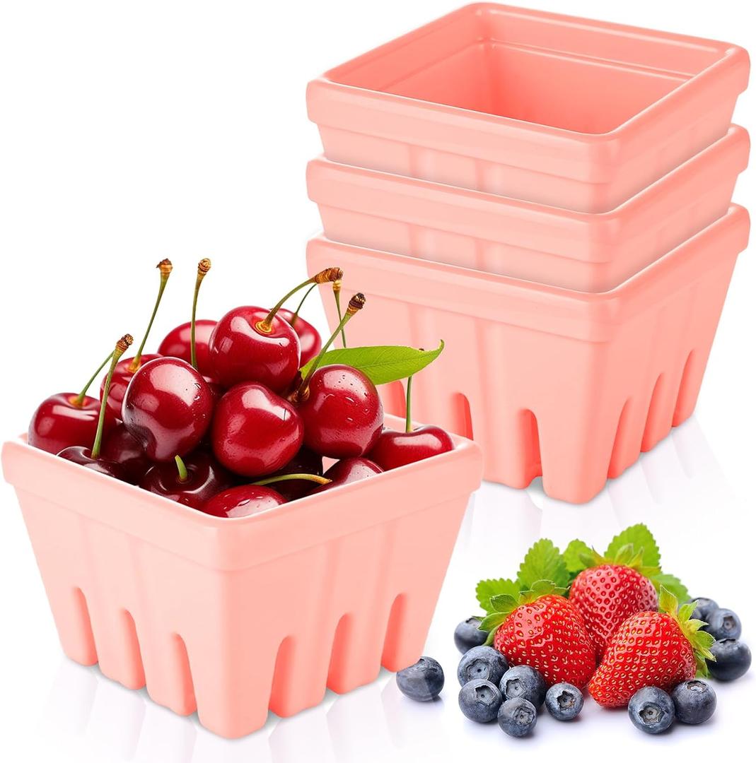 DALAVE 4 Pack Ceramic Berry Basket Pink 4.3 inch Ceramic Berry Bowl With Holes Square Kitchen Fruit Basket Berrys Colander for Veggie, Berries, Fruits, Home Decor