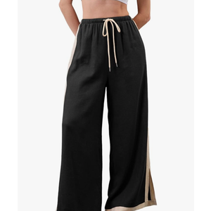 Linen Pnats Women Wide Leg Striped Capri Pants Casual Baggy Linen Trousers with Pockets Medium