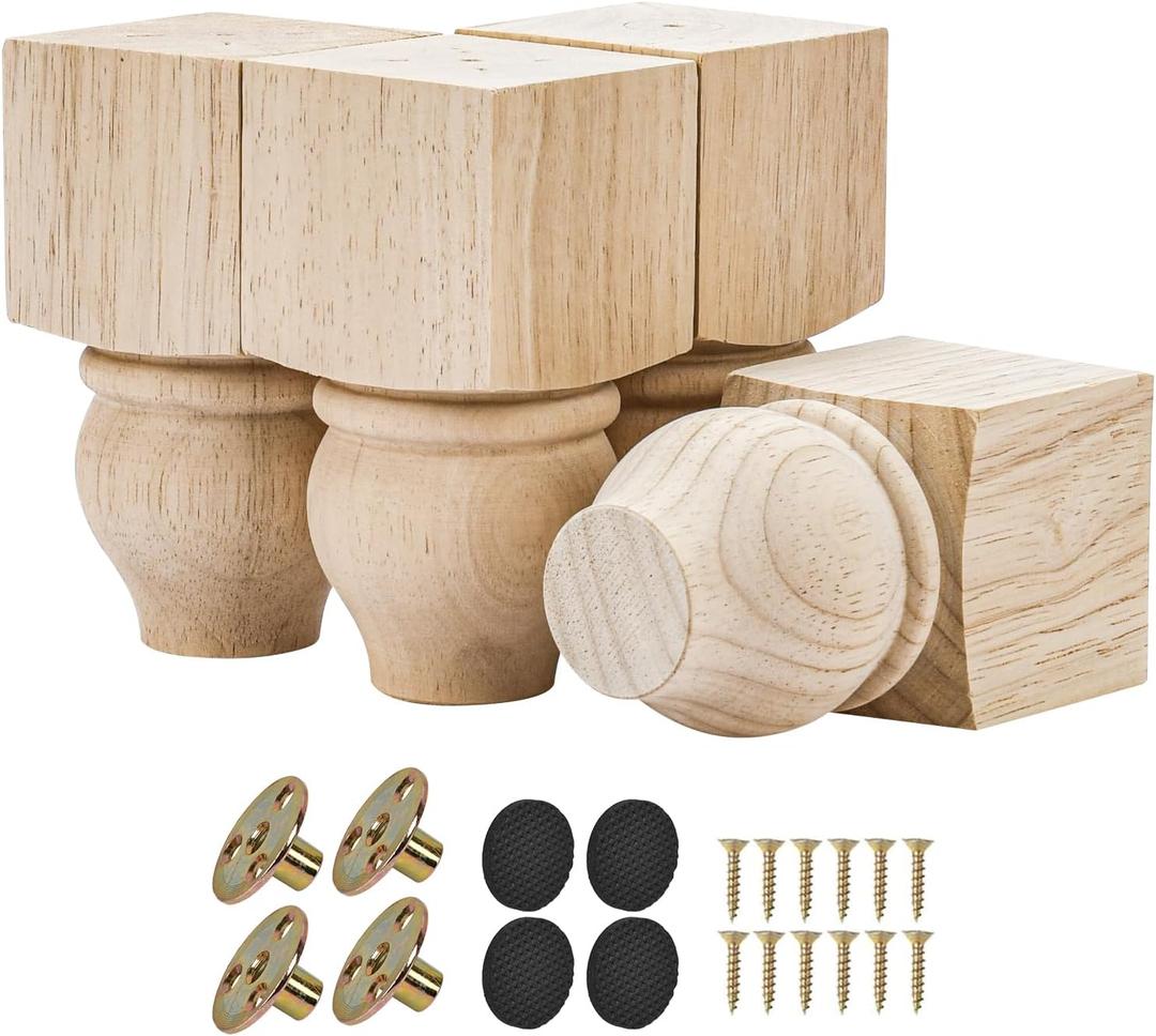 5 Inch Wooden Furniture Legs, Pack of 4 - Unfinished Solid Wood Bun Feet with 5/16" Hanger Bolts & T-Nuts for DIY Installation - Furniture Replacement & Riser for Sofa Cabinet Ottoman Dresser