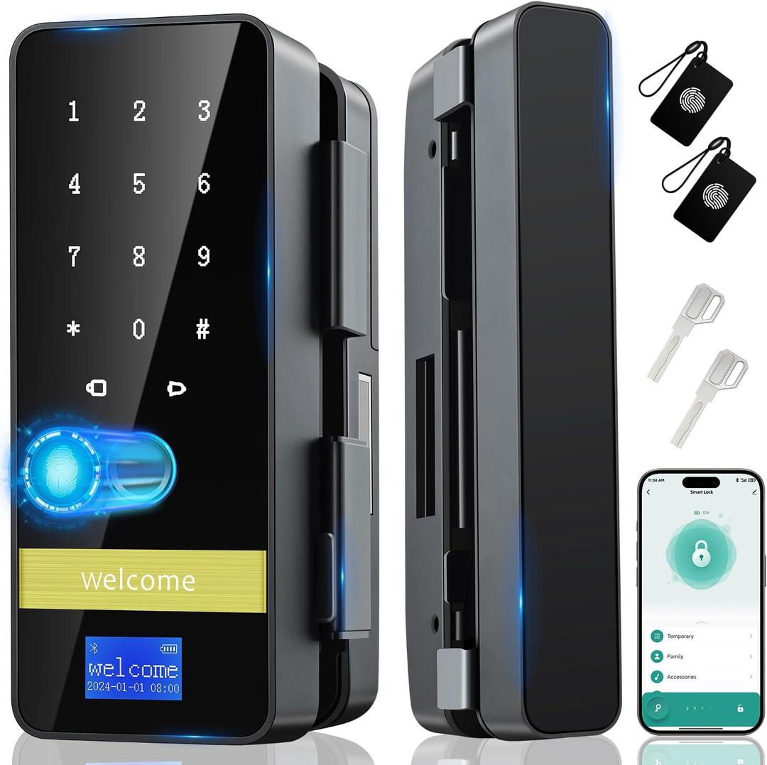 Smart Glass Door Lock, 8 in 1 Upgrade Keyless Entry Digital Door Lock, Glass Front Smart Locks with Keypad, Sliding Door Biometric Fingerprint Glass Lock, Auto Lock for Glass Doors,Office,Home,Store