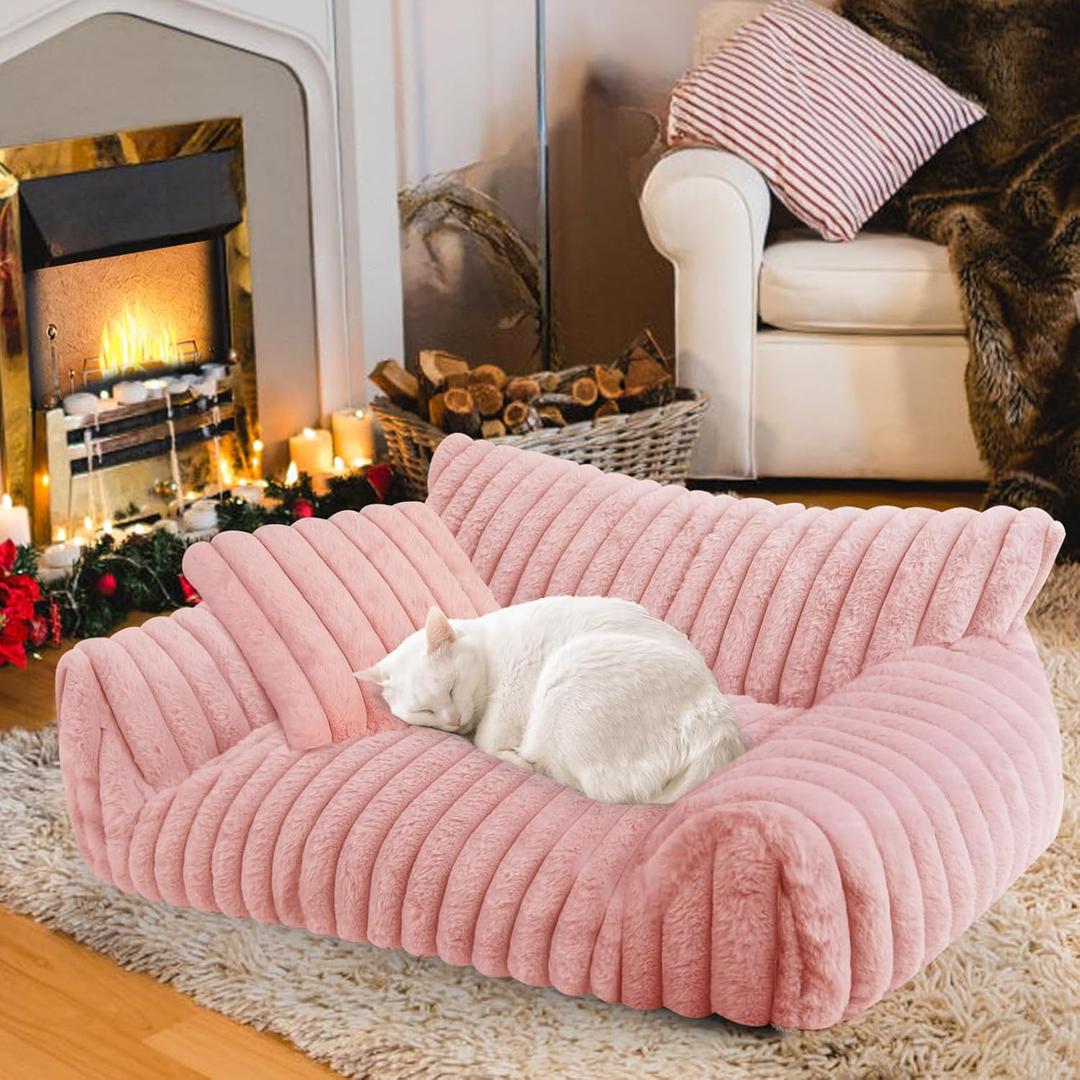 Cute Cat Couch Bed for Indoor Cats, Fluffy Pet Cat Sofa with Premium Soft Corduroy Fleece, Cute Small Dog Beds for Small Dogs, Fuzzy Puppy Chair with Removable Washable Cover (24x18x10,Pink)