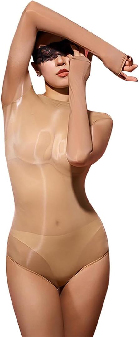 ZCGFKANYU Women Shiny Bodystockings Seamless Full Body Stockings 8D Lingerie Bodysuit (Brown)