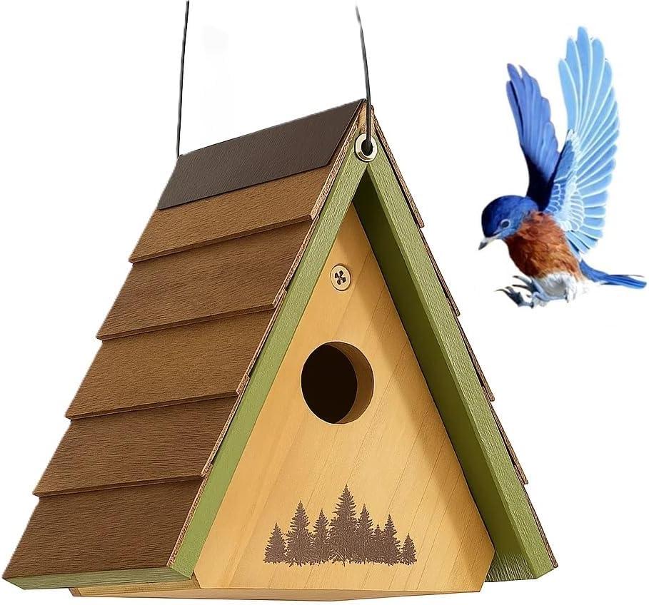 A Frame Wren House - Handcrafted Cedar Wood Bird House with Rustic Shingles Roof & Stainless Steel Hanging Cables | Outdoor Garden Decor for Wrens and Small Birds