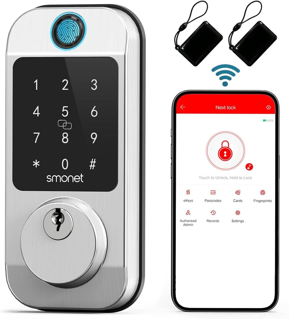 SMONET Smart WiFi Door Lock, Keyless Fingerprint Deadbolt, Alexa Compatible, Digital Keypad, Bluetooth App Control, Satin Nickel