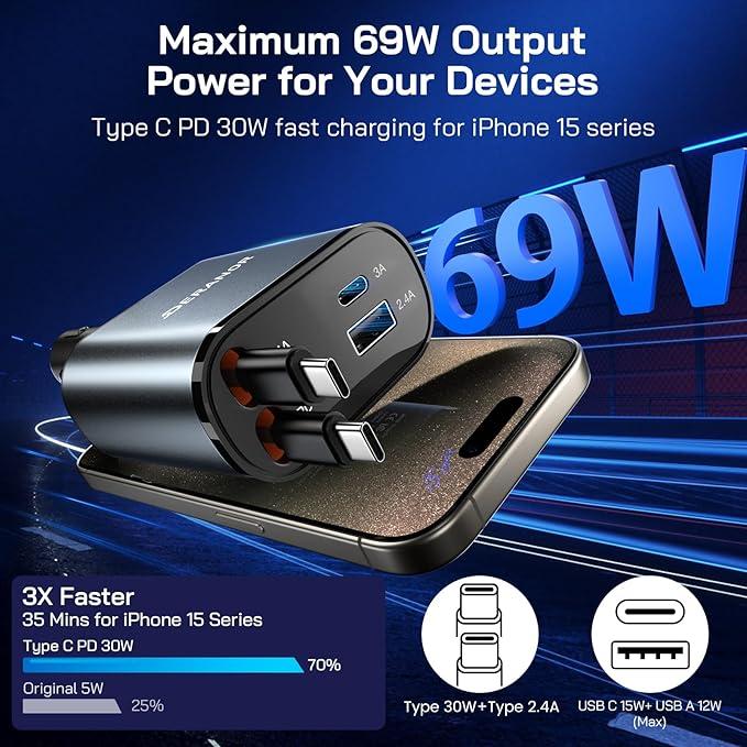 Retractable Car Charger 4 in 1 Fast Car Phone Charger 69W, USB C Car Truck Accessories Adapter with 2X Retractable Charger Cords and 2X USB Ports for i Phone 17/16/15/14, for Samsung S25/S24