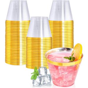 60PCS Gold Plastic Cups, 9 oz Clear Disposable Cups with Golden Trim, Heavy-Duty Disposable Hard Plastic Wine Glasses Cocktail Glasses Perfect for Party & Wedding