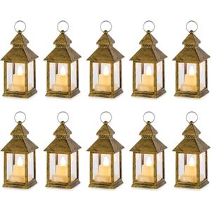 Mini Lanterns Decorative for Centerpiece -10 PCS Hanging Small Gold Lantern Bulk with Flickering LED Candles for Wedding Table Decor Halloween Decorations Christmas, Batteries Included