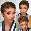 Brown Short Curly Pixie Cut Wigs Remy Human Hair for Women, Chocolate Brown Colored Short Curly Deep Wave Human Hair Wig Fashion Wavy Layered Pixie Cut Wig Wear and Go Glueless Cosplay Wigs With Bang