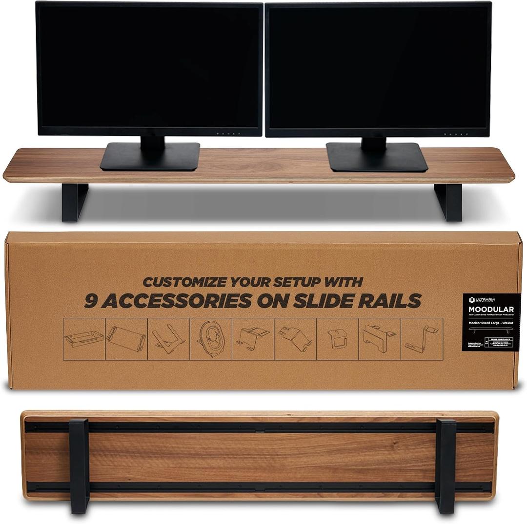 ULTRARM Moodular Wooden Monitor Stand 45.6 (116cm) Large Desk Organizer with Metal Slide Rails for Drawer, Tray, Laptop, Tablet, Phone & Headphones Customizable Riser for Organized Workspace Walnut