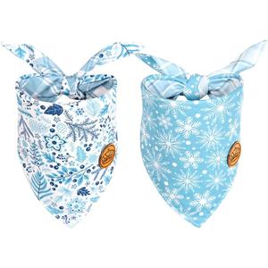 CROWNED BEAUTY Winter Dog Bandanas Reversible Small 2 Pack, Frost Paws Set, Blue Plaid Adjustable Triangle Snowflakes Holiday Scarves for Dogs Cats Boy Girl Pets DB146-S
