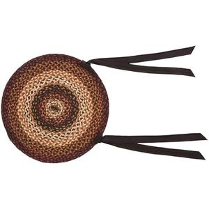 VHC Brands Beckham Round Seat Cushion Chair Pad, Red Black Tan, Jute Blend with Ties, 15x15 Inches