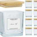 Creahaus 9-Pack Thick Glass Square Candle Jars with Bamboo Lids - 10oz Capacity with Warning Labels - DIY Candle Vessels