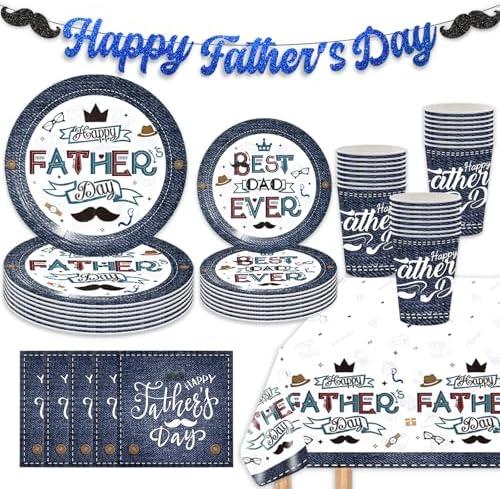 Happy Father's Day Party Tableware Supplies,Blue Best Dad Ever Tableware Include Plates,Napkins and Glitter Banner for Father's Day Celebration Dinnerware Party Decoration(Serve 20)