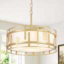 17.7" Gold Drum Chandelier for Dining Room, Geometric Modern Chandelier | 4-Light Modern Chandelier with White Fabric Shade, Adjustable Height Drum Chandeliers for Foyer Kitchen Island Bedroom, 17.7" W 7.1" H