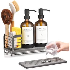Kitchen Soap Dispenser Set with Drying Tray 16oz Glass Bottles with Stainless Steel Pumps, Black Sink Organizer Caddy with Brush Holder & Non-Slip Feet All-in-One Dish & Hand Soap Station