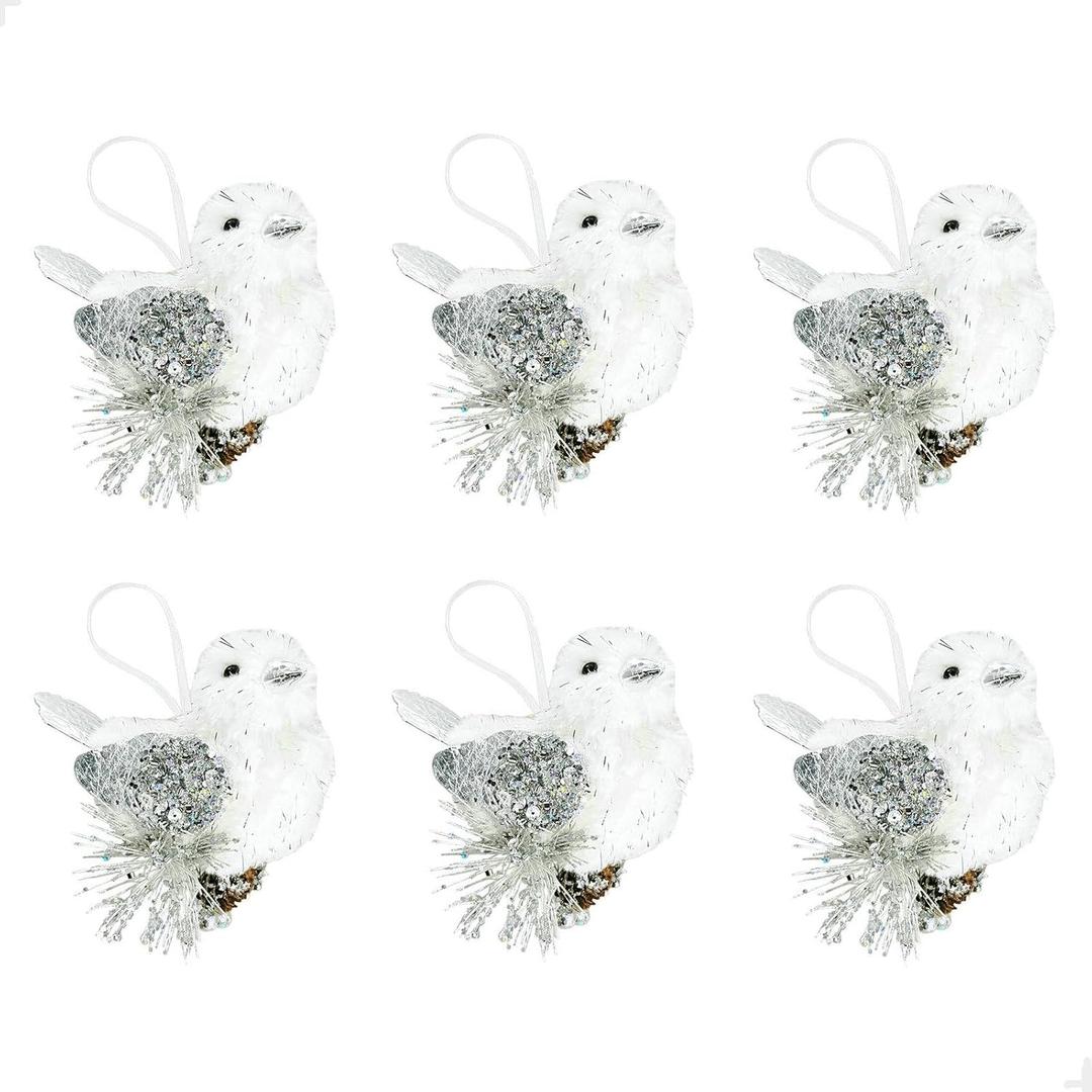 Nature Vibe Faux Fur White Silver Ornaments, Set of 6 Furry Birds with Pinecone,Silver Woodland Animals Figurines as Winter Decor