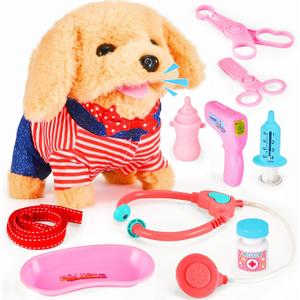 Toddler Toy 10 Pcs Interactive Retriever Robot Dog Toy - Walking & Stuffed Puppy with Stethoscope for Vet Role Play, Educational Toddler Gifts for 3 Year Old Girl