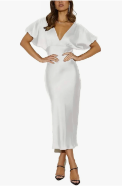 Satin V Neck Puffy Sleeves Silk Midi Dresses Empire Waist Elegant Tie Back Formal Cocktail Dress for Women Wedding Guest, Medium