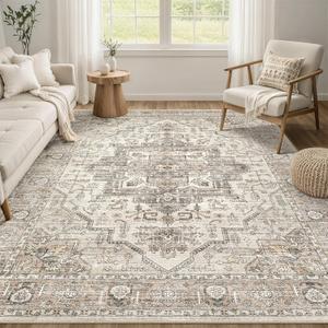 Area Rug 7x9 Washable Vintage - Soft Traditional Rugs for Living Room Large Non Slip Backing with Low Pile Farmhouse Oriental Retro Carpet for Bedroom Dining Room or Home Office - Light Brown