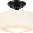 Schoolhouse Style Semi Flush Mount Ceiling Light Fixture, 12" Modern Hallway Ceiling Lamp with Opal Milk Glass Shade, Farmhouse Globe Light for Bedroom Kitchen Hallway Entryway Laundry (Black)