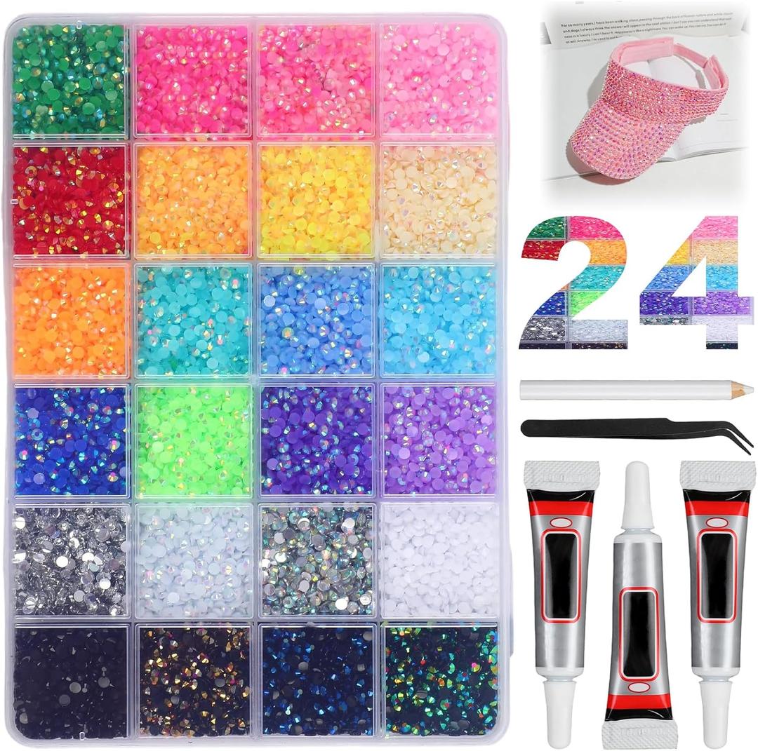 Colorful DIY Resin Rhinestone Kit for Bedazzling,Resin Jelly Rhinestones for Bedazzling,Multicolor 3mm Flatback Gems for Diamond Art, Bedazzler Kit with 3Pcs Jewelry Glue for Nail Art (24000)
