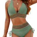 Blooming Jelly Women High Waisted Bikini Sets Tummy Control Swimsuits Color Block Two Piece Drawstring Bathing Suit (X-Large, Army Green/Gold Trim)