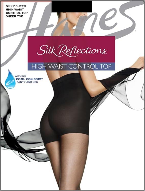 Hanes Silk Reflections Control Top Sheer Toe Silky Sheer High Waisted Pantyhose (Barely There)