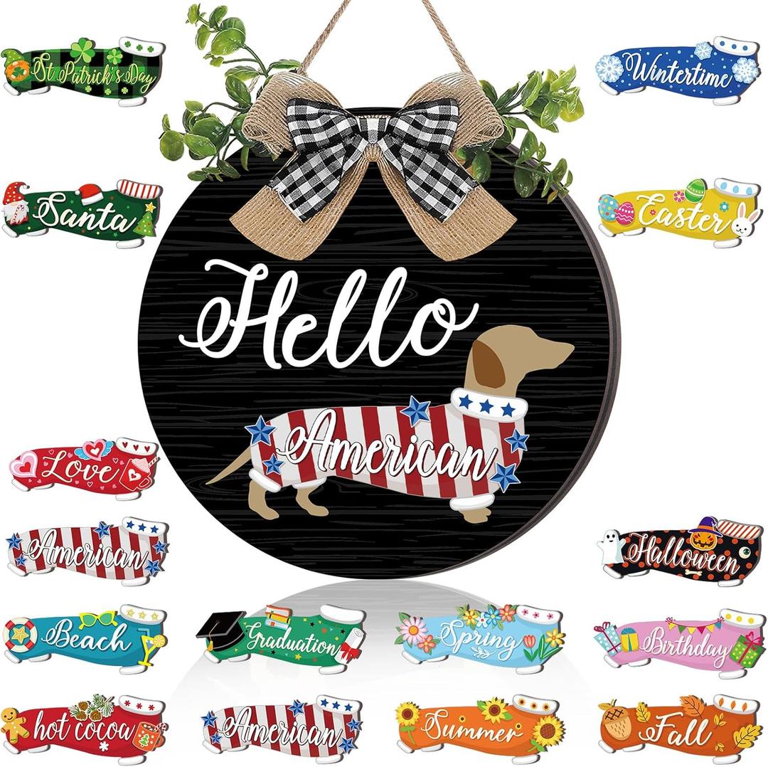 Glenmal 16 Pcs Interchangeable Seasonal Dachshund Welcome Sign Rustic Wiener Dog Front Door Wreaths Detachable Holiday Hanging Decor for Spring Summer 4th of July (Charm Black Style)