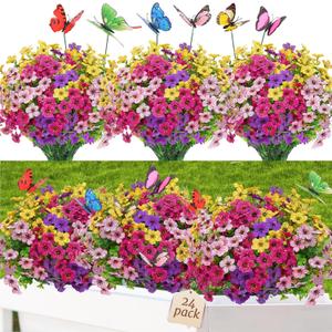 Yastouay 24 Bundles Artificial Flowers for Outdoors, UV Resistant Fake Outdoor Flowers No Fade Faux Outdoor Flowers Plants for Garden Porch Window Box Farmhouse Pot Planters Decor (Multi ColorB) (Fuchsia+Pink+Rose Red+Yellow)