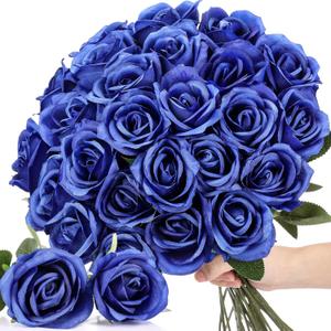 30 Pcs Rose Artificial Flowers in Bulk Real Touch Long Stem Silk Roses Bouquets Realistic Faux Flowers for Wedding Bridal Shower Home Decor Floral Arrangements Table Centerpiece, (Royal Blue)