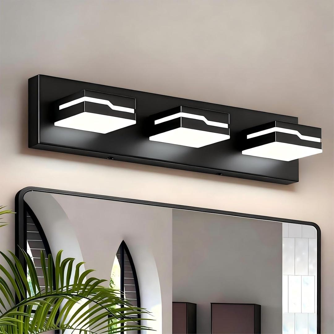 LED Modern Bathroom Vanity Light Fixtures 3-Light, 19 inch Dimmable Matte Black Vanity Lights for Bathroom Lighting Fixtures Over Mirror, with 350Rotatable Acrylic Heads(White Light 5500K)