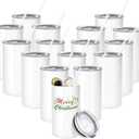 YOUKE OLA 16 Pack Sublimation Tumblers Blanks Bulk Sublimation Cups Skinny Straight Tumbler Stainless Steel Double Wall Insulated Water Bottles with Lid & Straw for DIY Gift, 12oz White