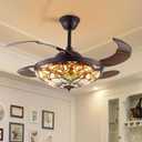 42 Inch Tiffany Style Invisible Ceiling Fan with Lights and Remote Control,Retractable Reverse Blades 6 Speeds 3 Light Changes Fandelier Chandelier Fan,Quiet Motor,Indoor Ceiling Lighting Fixture (updated-42inch)