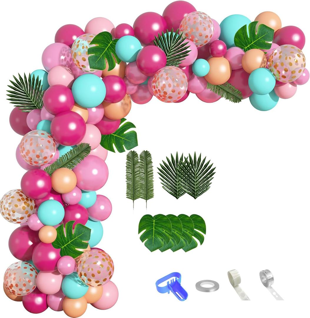 124Pcs Tropical Flamingo Balloon Arch Garland Kit 40" Flamingo Balloons Hot Pink Confetti Balloons Tropical Palm Leaves 4 Tools Hawaiian Luau Birthday Wedding Baby Shower Party Decorations Supplies