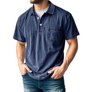 Men's Casual Polo Shirts Classic Button Basic Short Sleeve Shirt Solid Color Retro Tees Golf Stylish Tops (Blue, XL)
