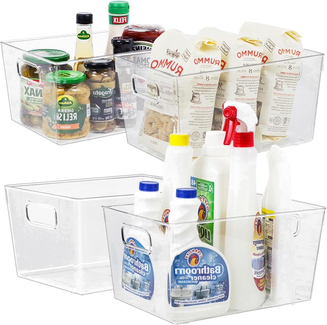 ZEXALOR 4pcs Clear Storage Bins Clear Storage Containers for Kitchen Pantry Organization, Organizing Bins with Built in Handles, Cabinet Organizers