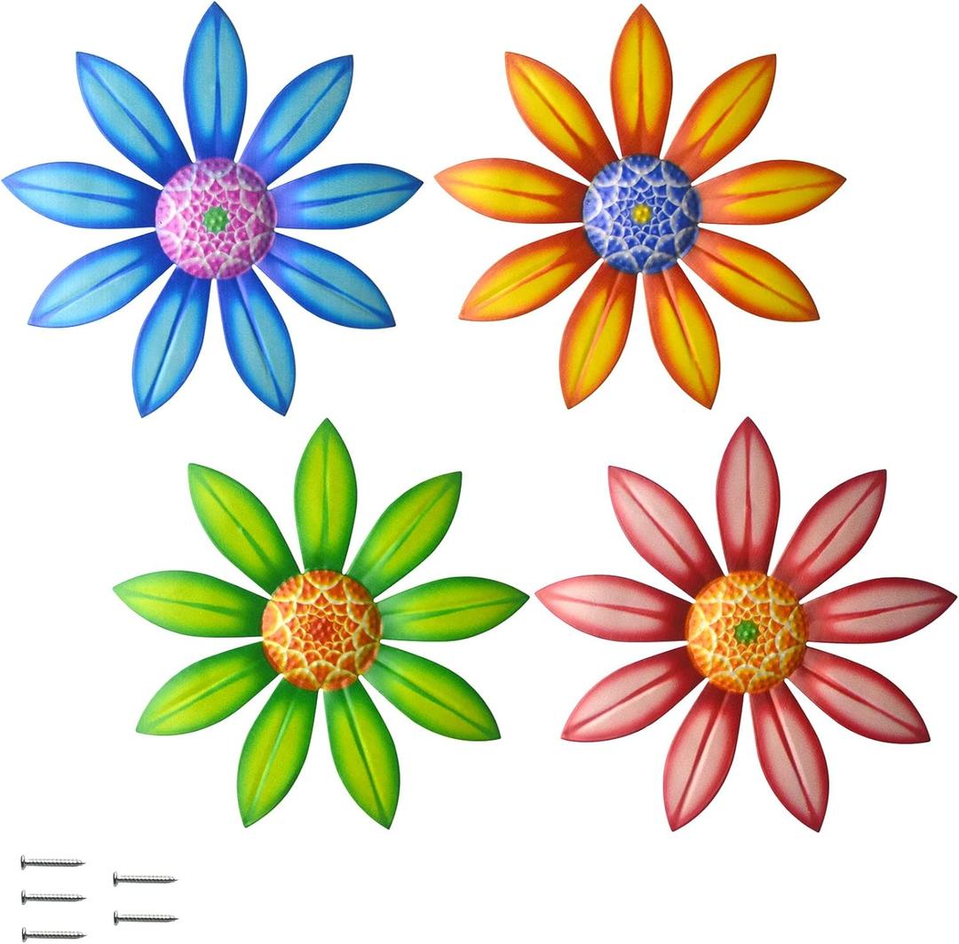 Gooyule Metal Flower Wall Art - Colorful Floral Decor for Indoor Outdoor Hanging - Home Office Garden Yard Wall Decoration Set (Metal Flower Decor A)