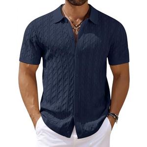 COOFANDY Men's Knit Short Sleeve Shirts Button Down Vintage Knitted Polo Shirt Casual Beach Crochet Cable Vacation Shirt Size L