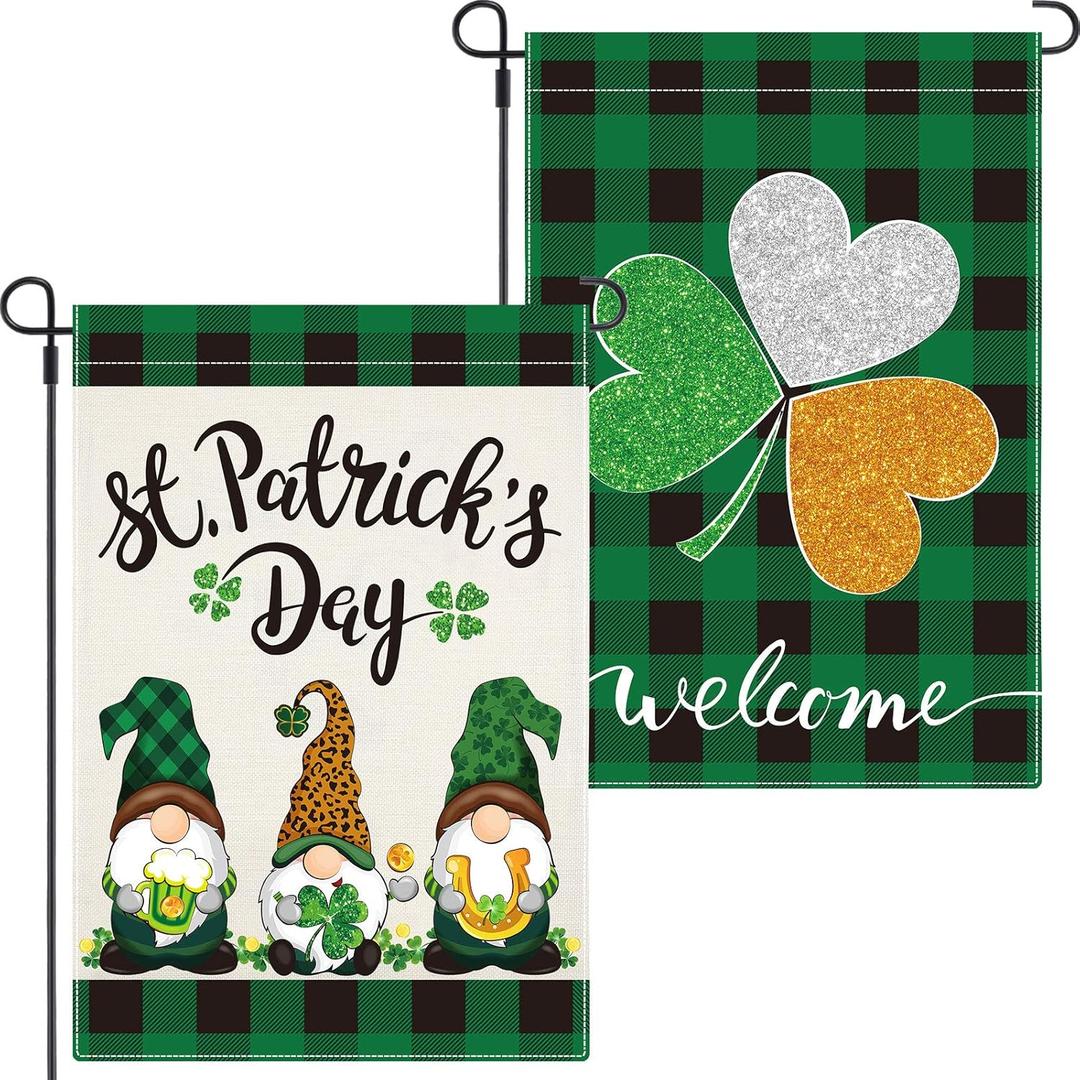 Boao 2 Pieces St Patrick's Day Garden Flag Gnome Shamrock 18 x 12 Inch Yard Flag Irish Green Shamrock Garden Flag Double Sided Decorative Garden Flag for St. Patrick's Day Outdoor Decoration