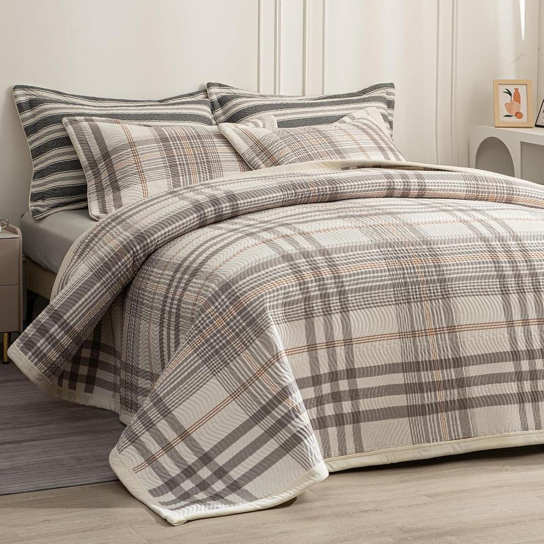 Cotton Plaid Quilt Set, Ultra Soft 3 Pieces Queen Size Bedding with 2 Pillow Shams, Lightweight Reversible Coverlet Bedspread with Wave Quilting for Summer, 90"x96", Grid-Grey White