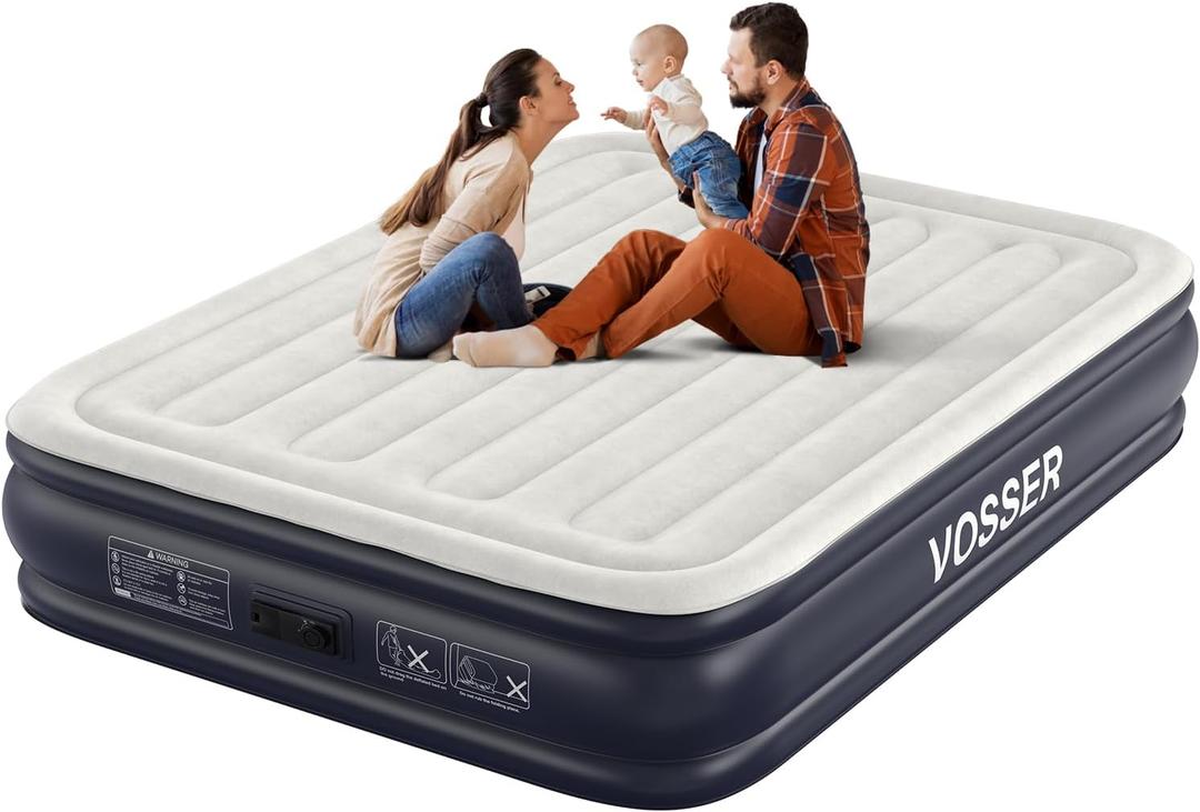 Air Mattress Queen with Built in Pump,15'' Inflatable Mattress of Vertical Beams,Self Inflatable/Deflation Blow Up Mattress in 3 Mins,Flocked Top Airbed with Carry Bag for Home,Camping
