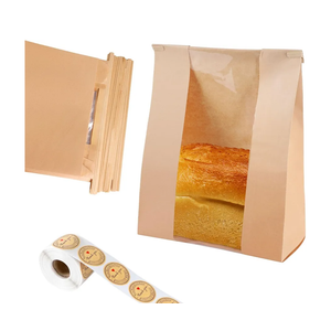Dualshine 100 Pcs Bread Bags for Homemade Bread Sourdough Bags Paper Kraft with Window 14" x 8.3" x 3.5" with Tin Strip and 500 Pcs Seal Stickers for Cookies Coffee Beans and Bakery