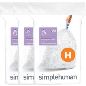 simplehuman Code H 60 Count, Genuine Custom Fit Liners, Drawstring Trash Bags in Dispenser Packs, 30-35 Liter / 8-9.2 Gallon, Clear