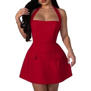 YMDUCH Women's Sexy Sleeveless Halter Neck Backless Cocktail Party A-Line Mini Dress (Medium, Red)